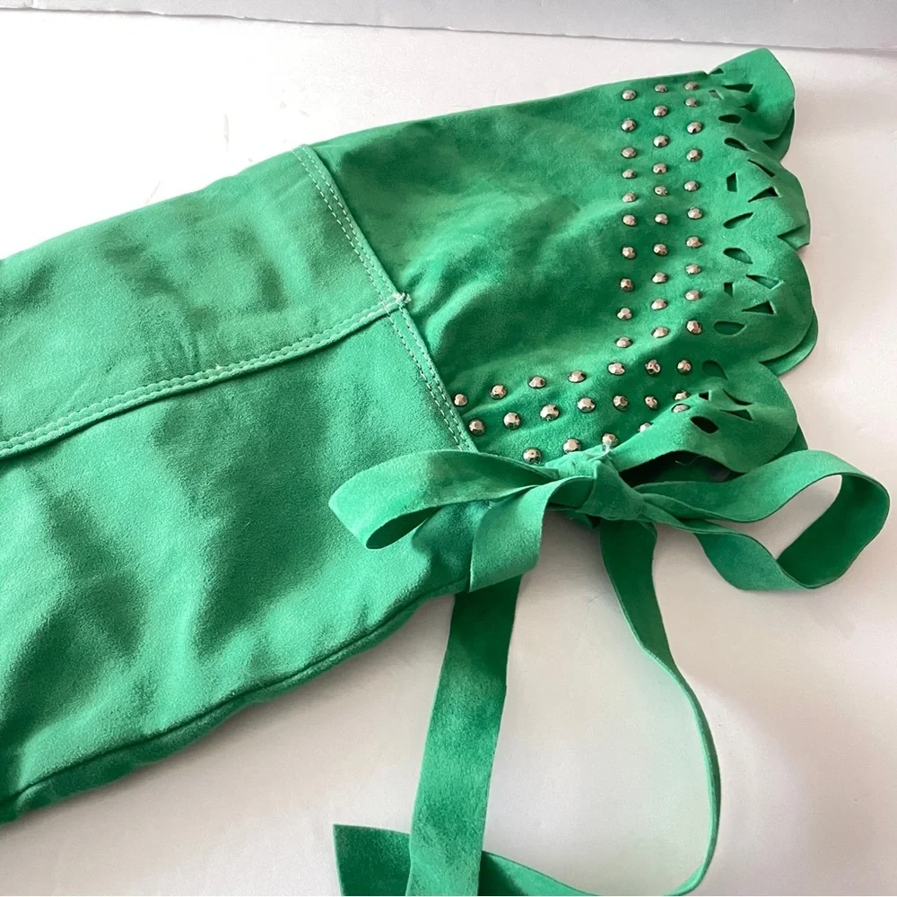 Over the Knee Edgy Flat Wedge Embellishment Boho Y2K Suede Green Boots Size 4